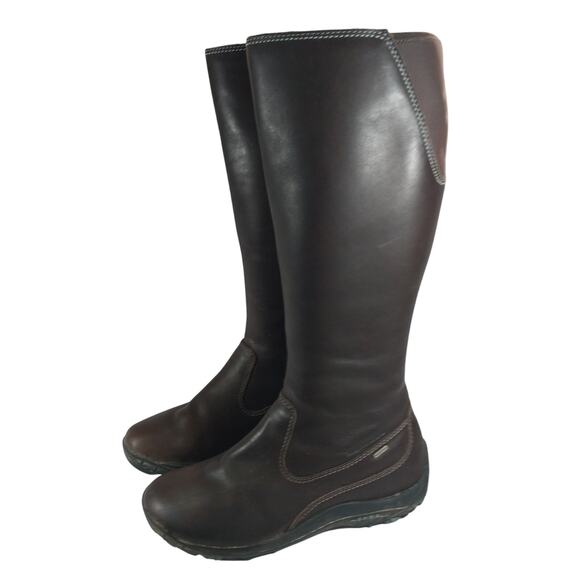 MERRELL! ESPRESSO BROWN GENUINE LEATHER ALL WEATHER WRAPPED SOLE BOOTS! SZ 8M - Picture 1 of 12